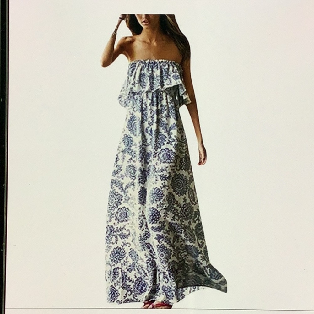 Yidarton Dress Summer Blue White Porcelain Strapless Flowy Maxi Blue Paisley L
